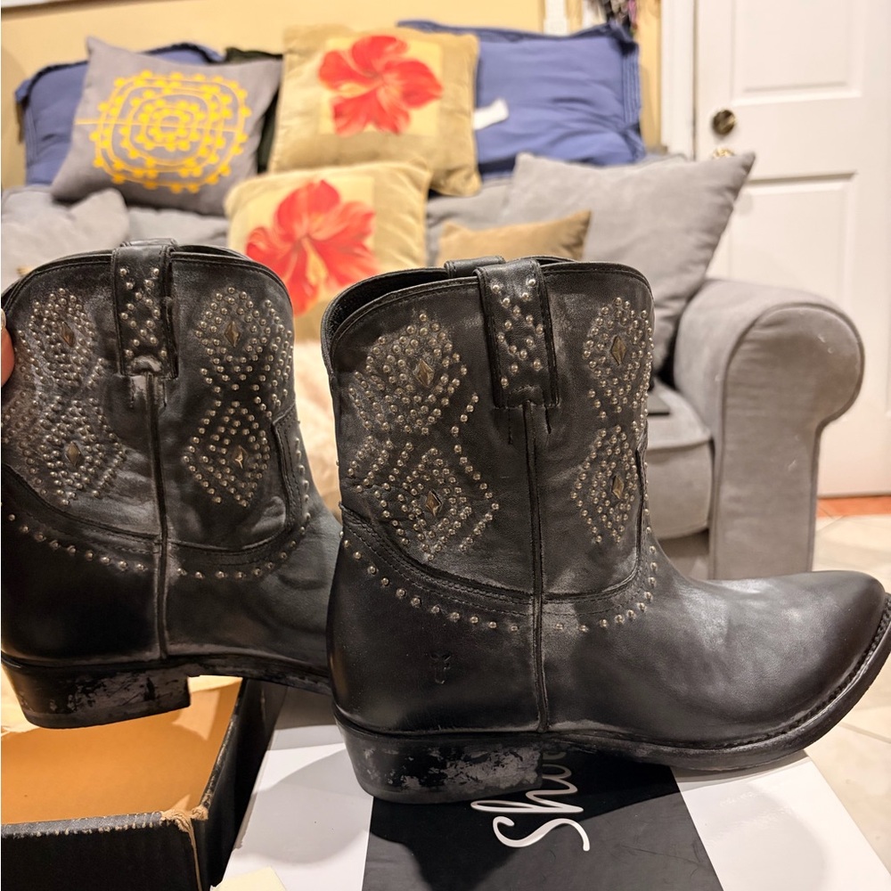 Frye Black Studded Leather Ankle Boots